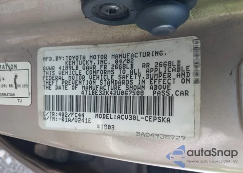 2002 Toyota Camry Se from USA, damaged, VIN 4T1BE32K42U067508